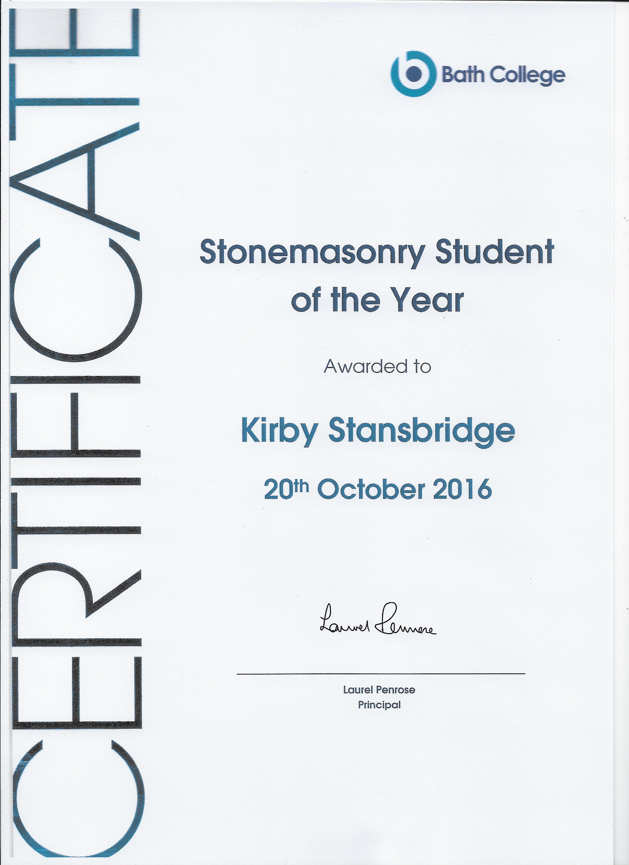 Stonemasonry Student of the Year Certificate